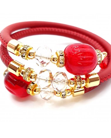 Bracelet Rugiada en cuir rouge et perles en verre de Murano bijoux fantaisies artisans italiens