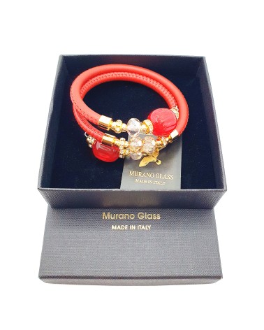 Bracelet Rugiada en cuir rouge et perles en verre de Murano bijoux fantaisies artisans italiens