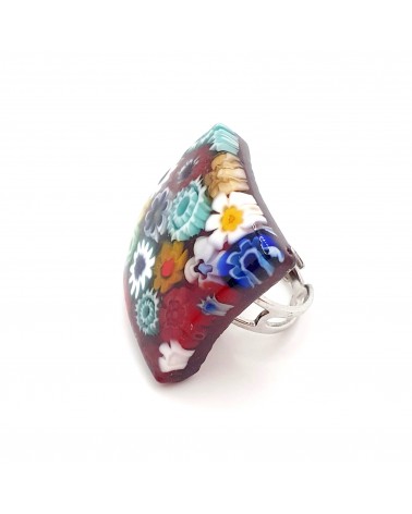 Bague carré verre Murano murrine fleurs bijoux fantaisies