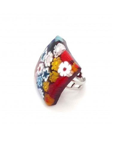 Bague carré verre Murano murrine fleurs bijoux fantaisies