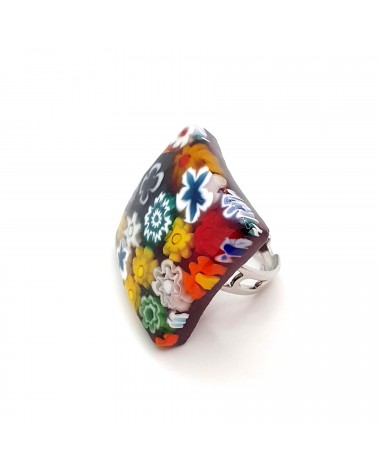 Bague carrée verre Murano murrine fleurs bijoux fantaisies