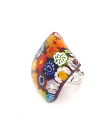 Bague carrée verre Murano murrine fleurs bijoux fantaisies