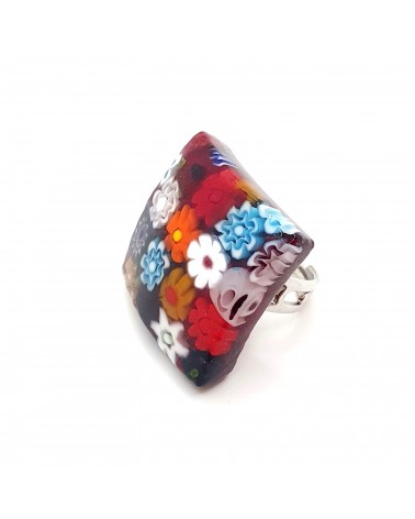 Bague carrée verre Murano murrine fleurs bijoux fantaisies