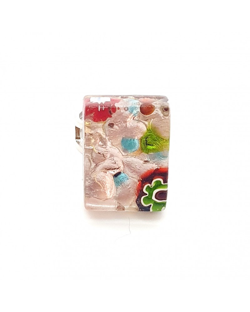 Bague rectangle en verre de Murano et murrine bijoux fantaisies artisans italiens