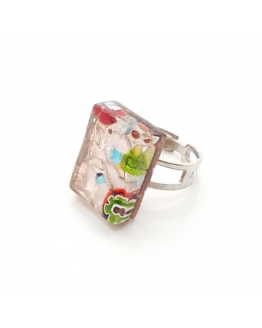 Bague rectangle en verre de Murano et murrine bijoux fantaisies artisans italiens