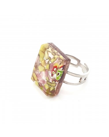 Bague rectangle en verre de Murano et murrine bijoux fantaisies artisans italiens