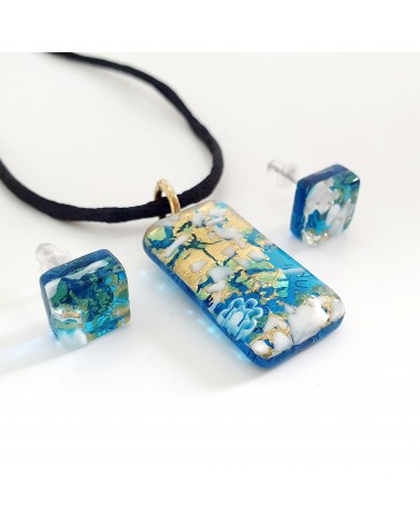 Petite parure rectangle en verre de Murano  turquoise bijoux fantaisies fait à la main