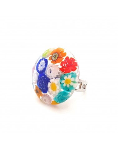 Bague ronde verre Murano murrine fleurs bijoux fantaisies