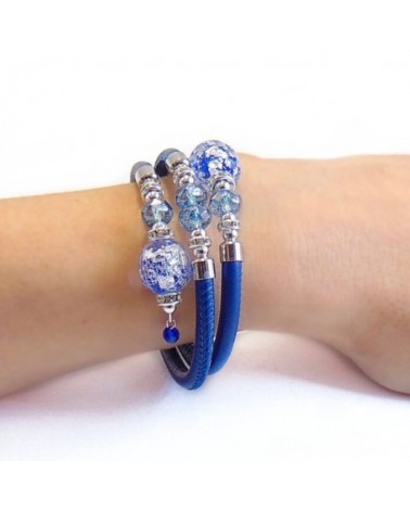 Bracelet Diana en cuir bleu et perles en verre de Murano bijoux fantaisies fait à la main